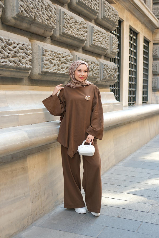 Broş Detay Jennıfer Takım Kahverengi