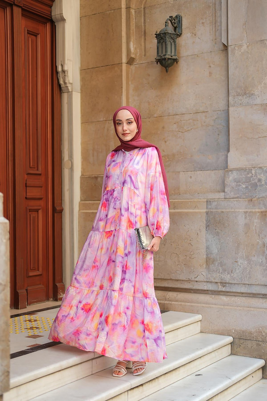 Bulanık Desen Elbise Fuşya
