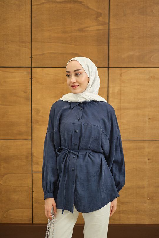 Bulanık Desen Jakar Gömlek Mavi