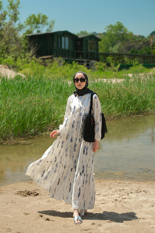 Bulut Desenli Elbise Gri