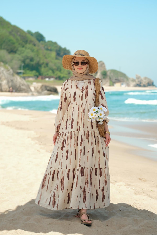 Bulut Desenli Elbise Kahverengi