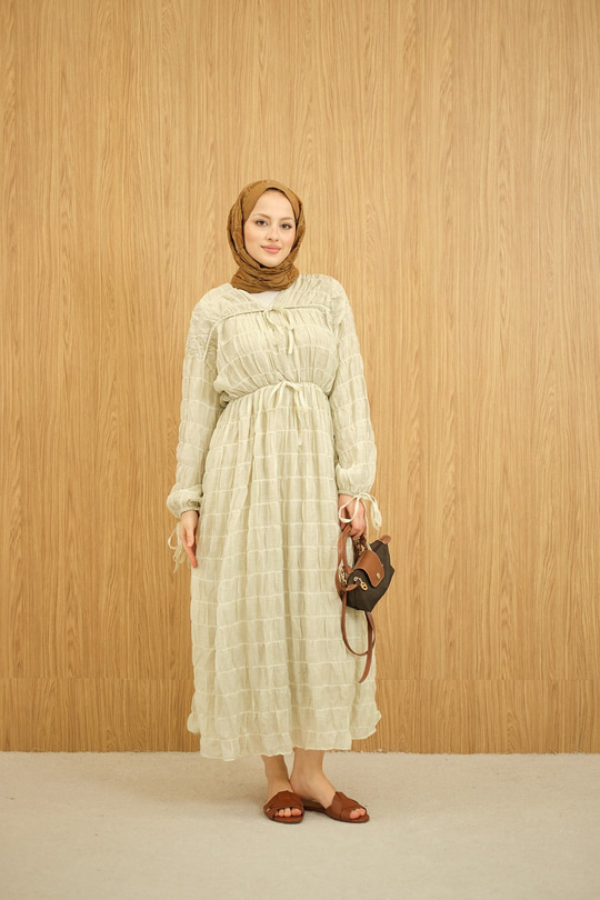 Büzgü Detay Bağcıklı Elbise Su Yeşil