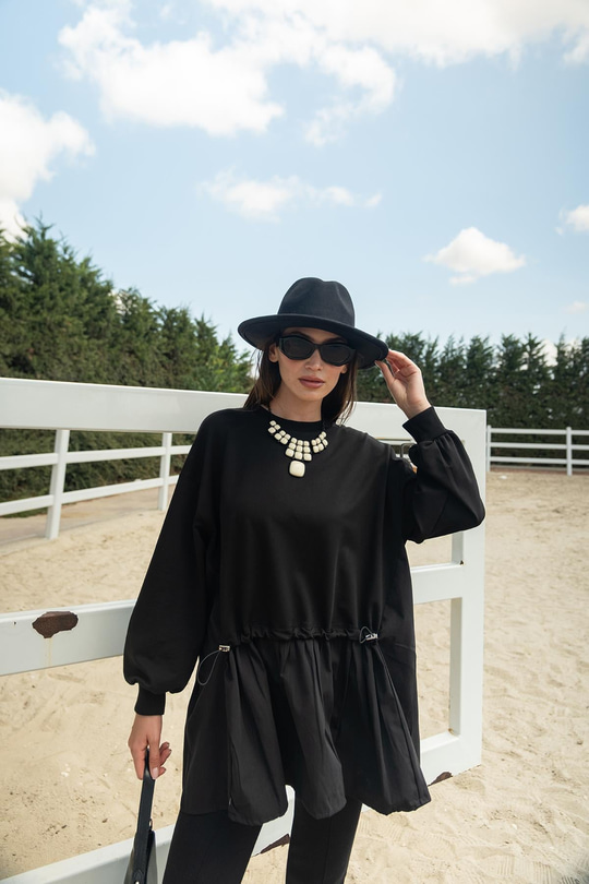 Büzgü Detay Garnili Sweatshirt Siyah