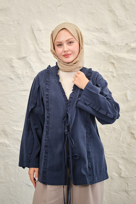 Büzgü Detay Önden Bağlamalı Detaylı Kimono Lacivert