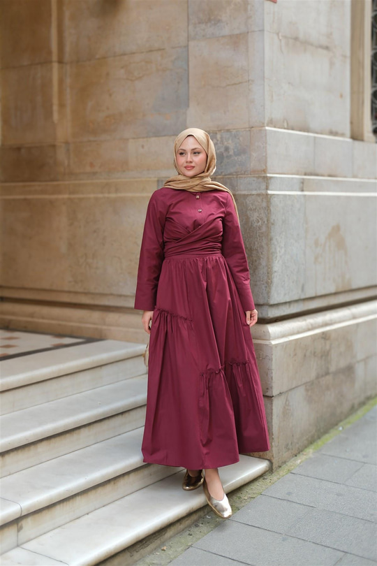 Büzgü Detaylı Etek Bordo