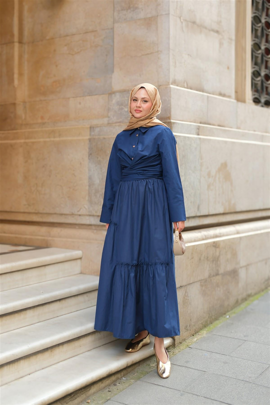 Büzgü Detaylı Etek Lacivert