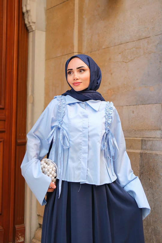 Büzgü Detaylı Gömlek Mavi