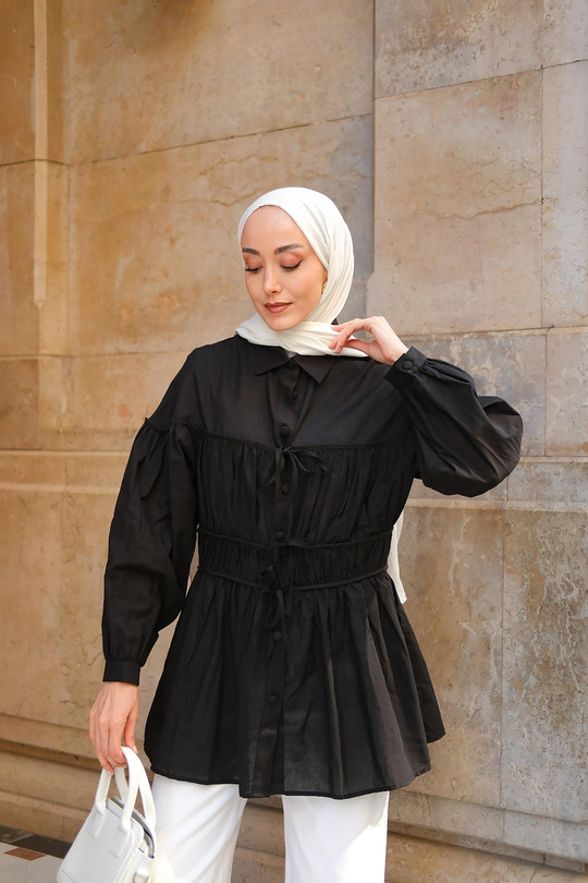 Büzgü Detaylı Vual Gömlek Siyah