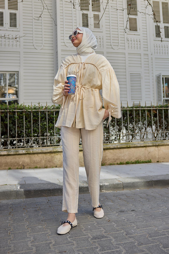 Büzgülü Cupra Tencele Takım Krem