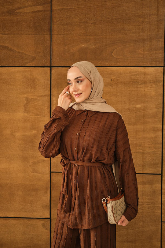 Büzgülü İkili Takım Kahverengi