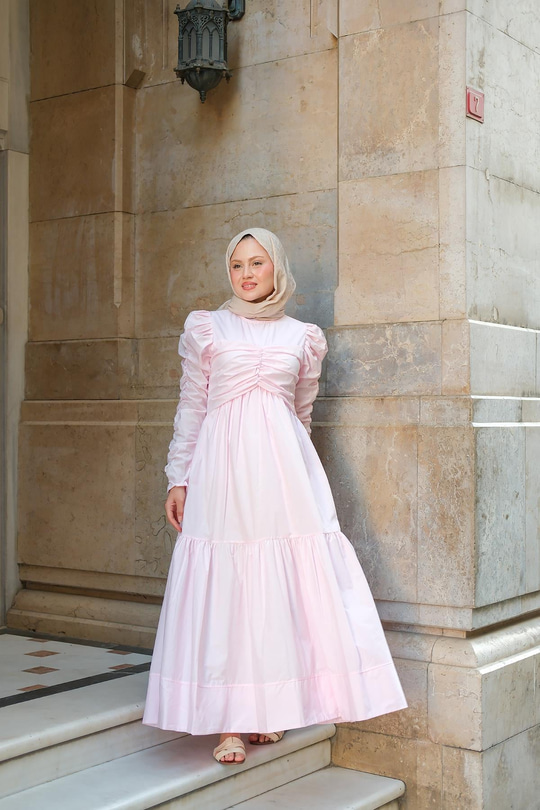 Büzgülü Poplin Elbise Pembe