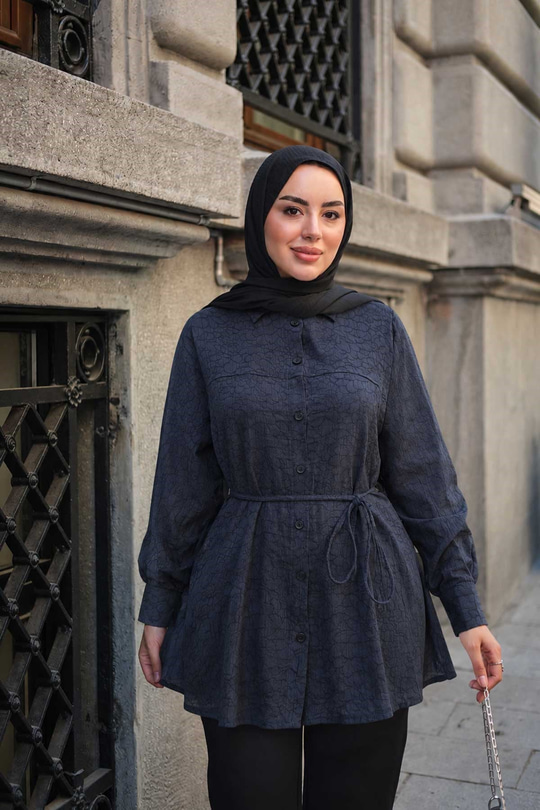 Lotus Çiçek Desen Bel Bağlamalı Gömlek Lacivert