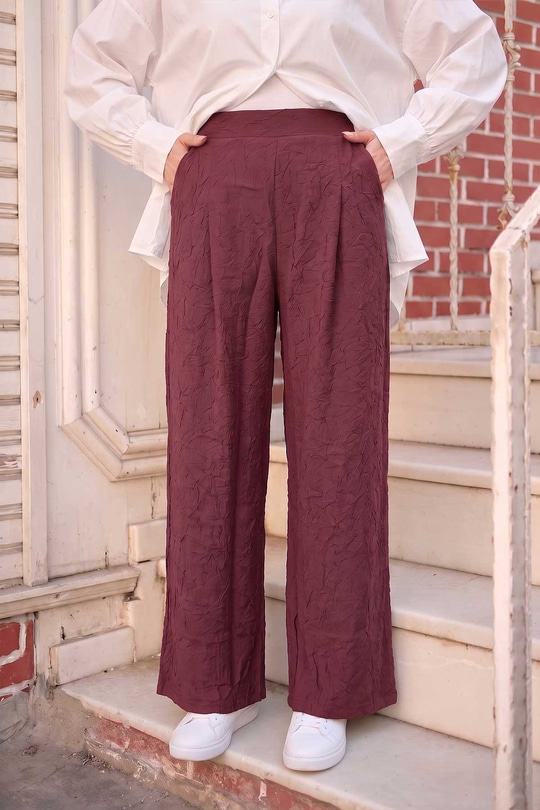 Bel Lastikli Kırışık Detay Pantolon Bordo