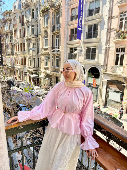 Bel Lastikli Pile Detay Bel Bağlamalı Bluz Pembe