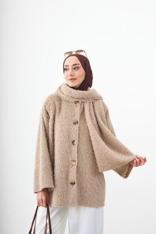 Peluş Detay Şallı Triko Hırka Taş