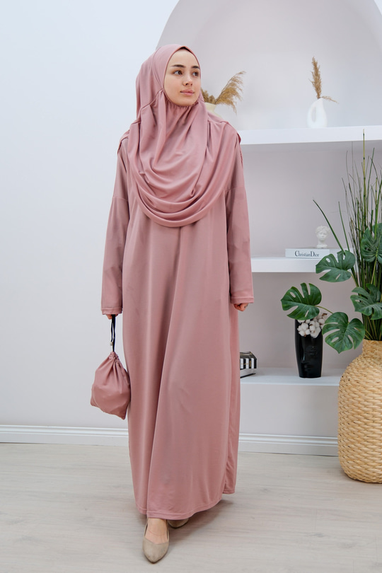 CANTALI TEK PARCA NAMAZ ELBISESI Gül Kurusu