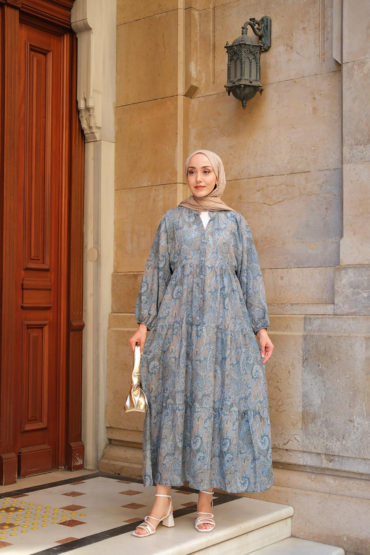 Cassime Desenli Elbise Petrol Mavi