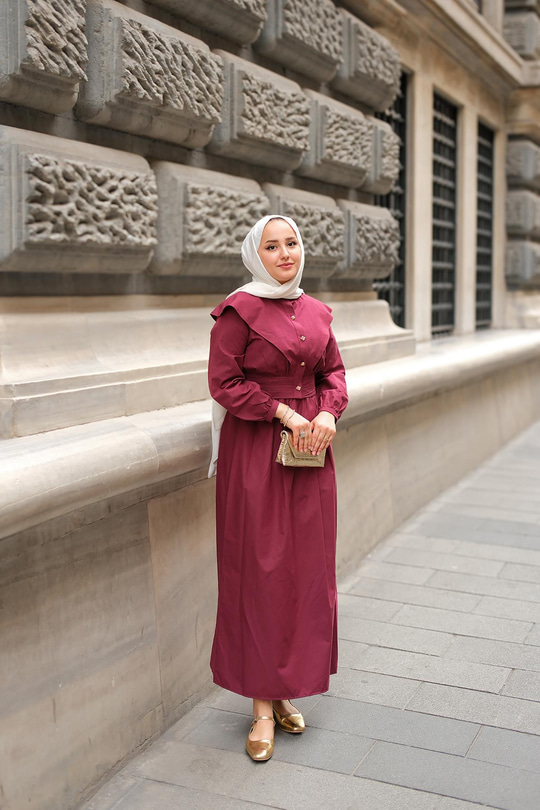 Ceketli Poplin Elbise Bordo