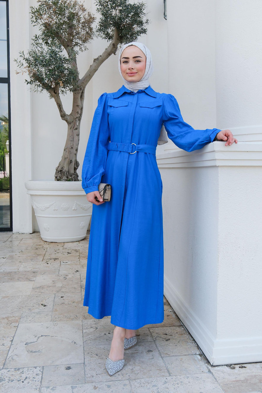 Cep Detay Bel Bağlamalı Elbise  Saks Mavi