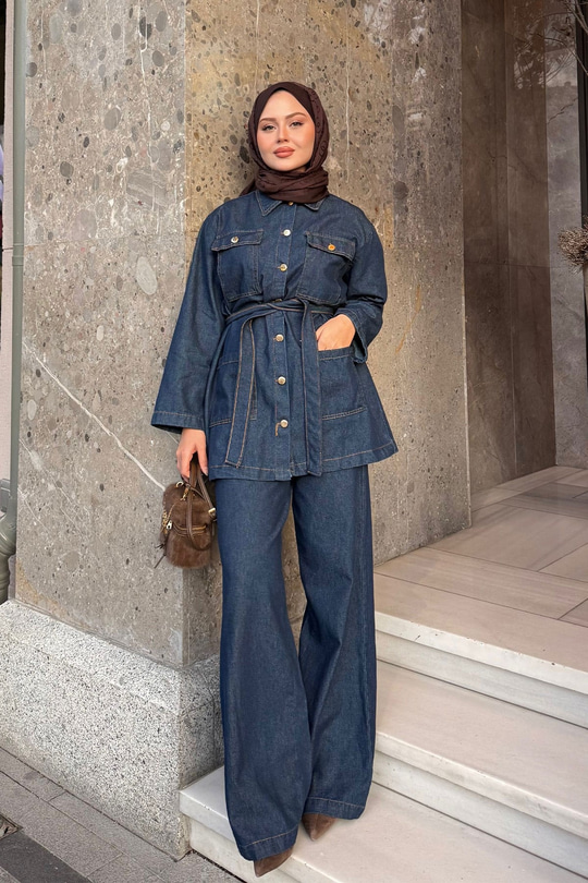 Cep Detay Bel Bağlamalı Kot Takım Lacivert