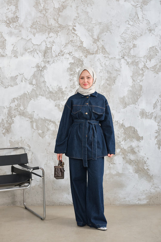 Cep Detay Bel Bağlamalı Kot Takım Lacivert