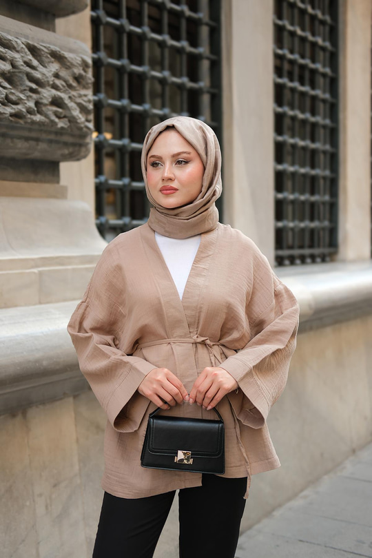 Cep Detaylı Keten Kimono Vizon
