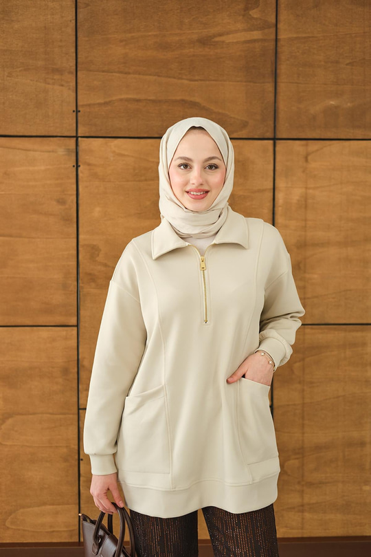 Cep Ve Yaka Detay Yarım Fermuarlı Sweat Krem