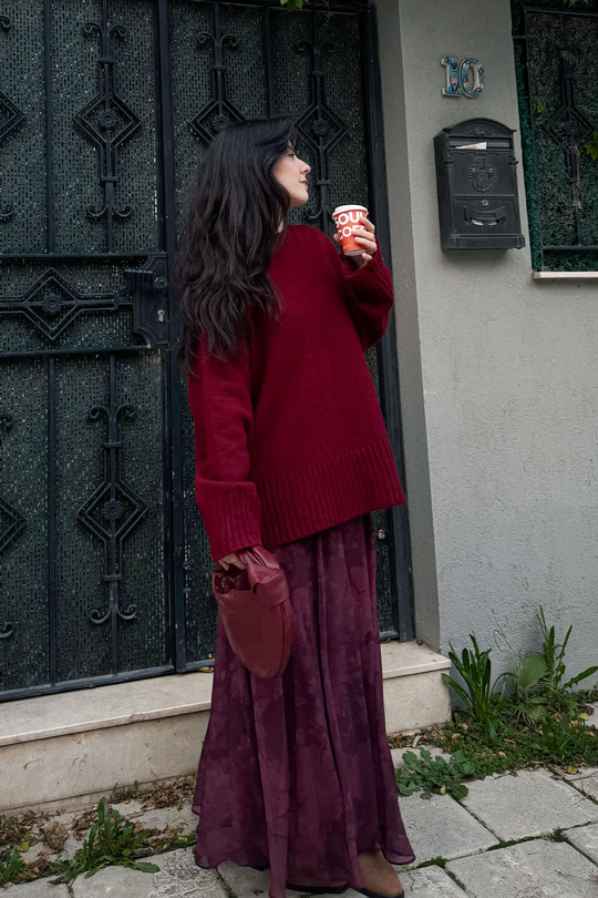 Çiçek Desen Astarlı Şifon Etek Bordo