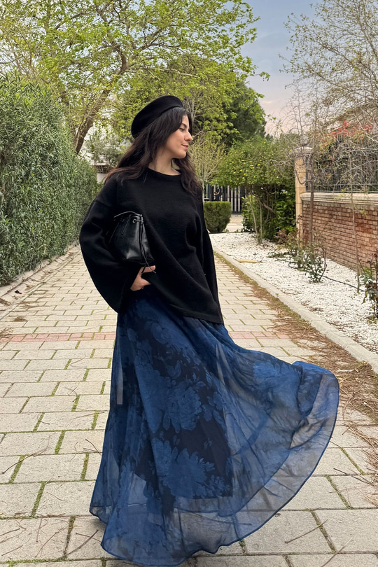 Çiçek Desen Astarlı Şifon Etek Lacivert