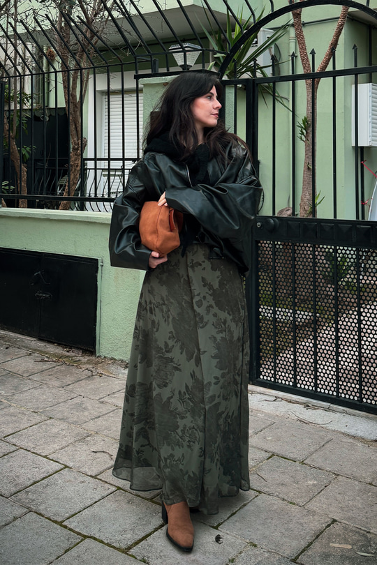 Çiçek Desen Astarlı Şifon Etek Yeşil