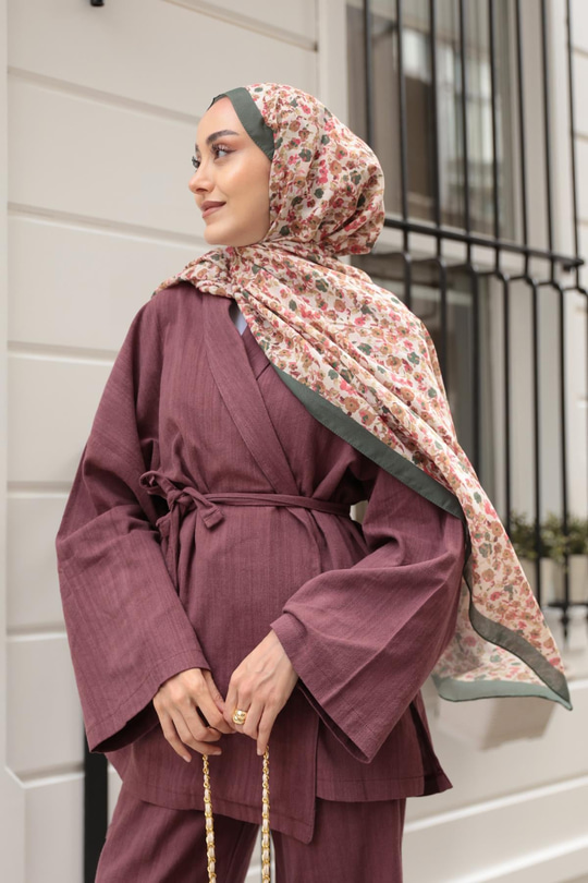 Çicek Desen Soft Şal Haki Yeşil