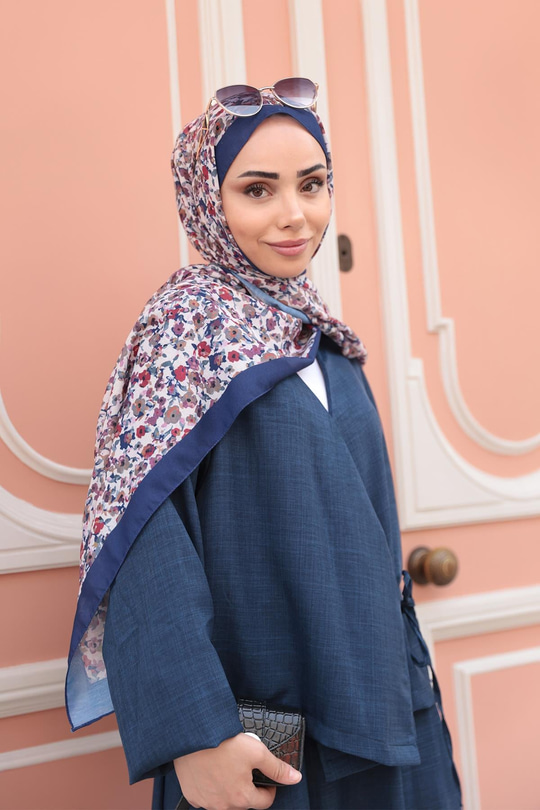 Çicek Desen Soft Şal Lacivert