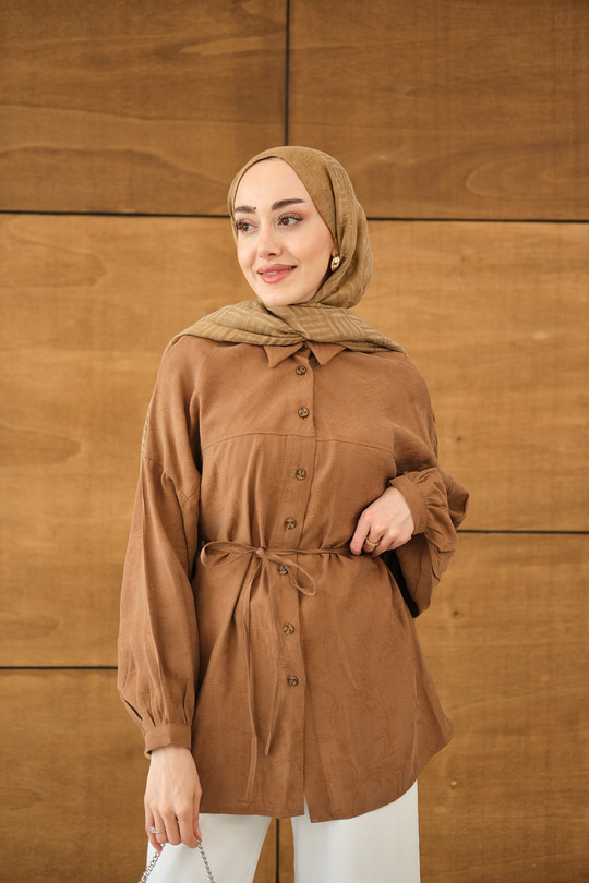 Çiçek desenli Jakar Gömlek Taba