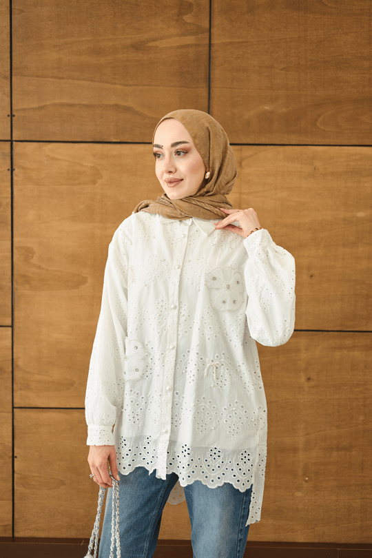 Çiçek Taş İşleme Detay Brode Ve İnci Detaylı Gömlek Beyaz