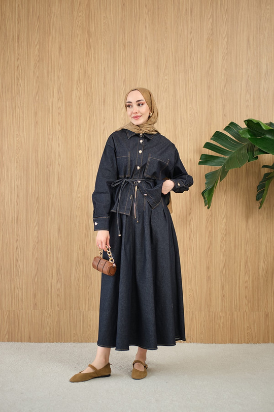 Çift Cep Detay Bel Bağlamalı Kot Takım Lacivert