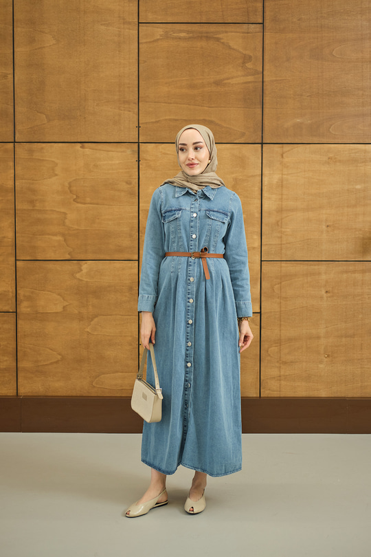 Çift Cep Detaylı Boydan Düğmeli Kot Elbise Buz Mavi