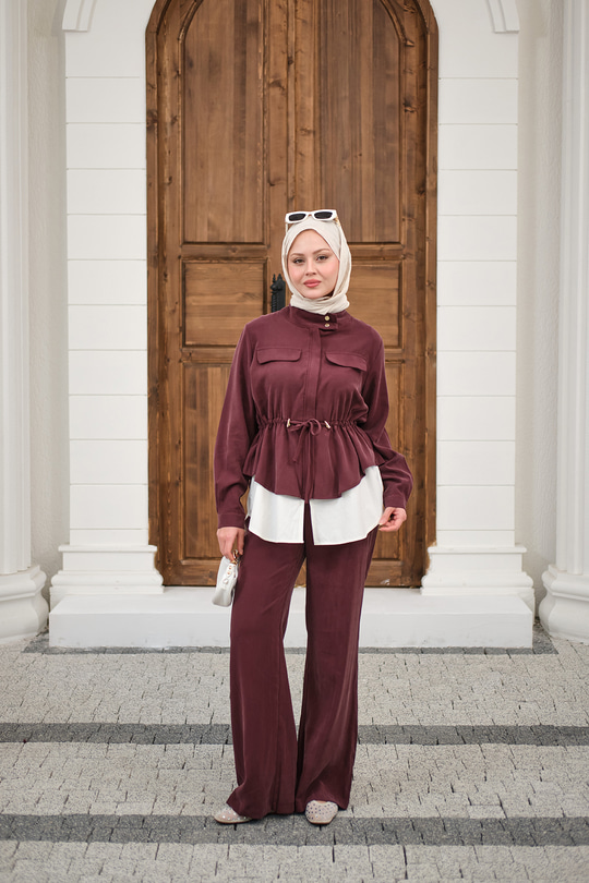 Çift Cep Detaylı Gizli Düğmeli Parçalı Takım Mürdüm