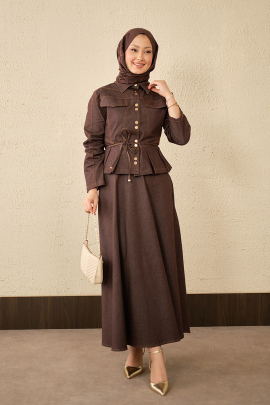 Çift Cep Görünümlü Dikiş Detay Kot Takım Kahverengi