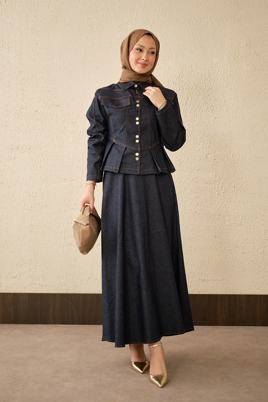 Çift Cep Görünümlü Dikiş Detay Kot Takım Lacivert