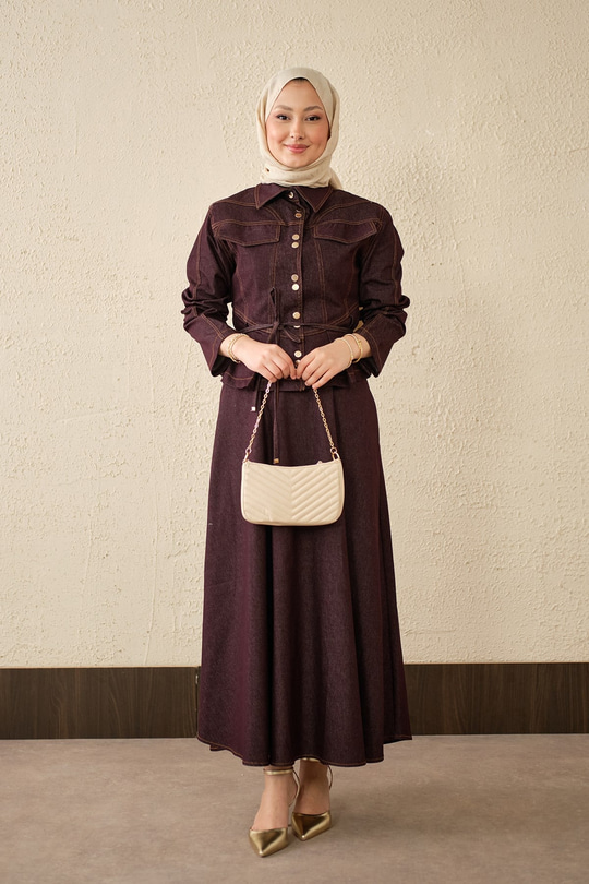 Çift Cep Görünümlü Dikiş Detay Kot Takım Mürdüm