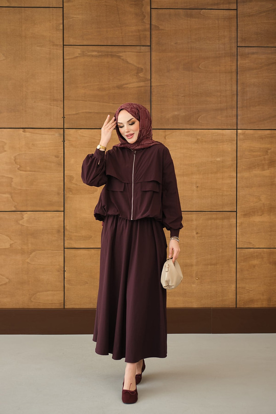 Çift Cep Görünümlü Fermuarlı Etekli Takım Bordo