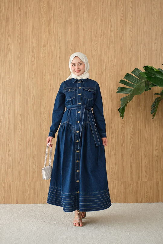 Çift Cepli Bel Büzgü Ve Dikiş Detay Boydan Düğmeli Kot Elbise Lacivert