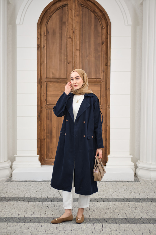 Çift Cepli Omuz Apolet Detay Bel Bağlamalı Kot Trenç Lacivert