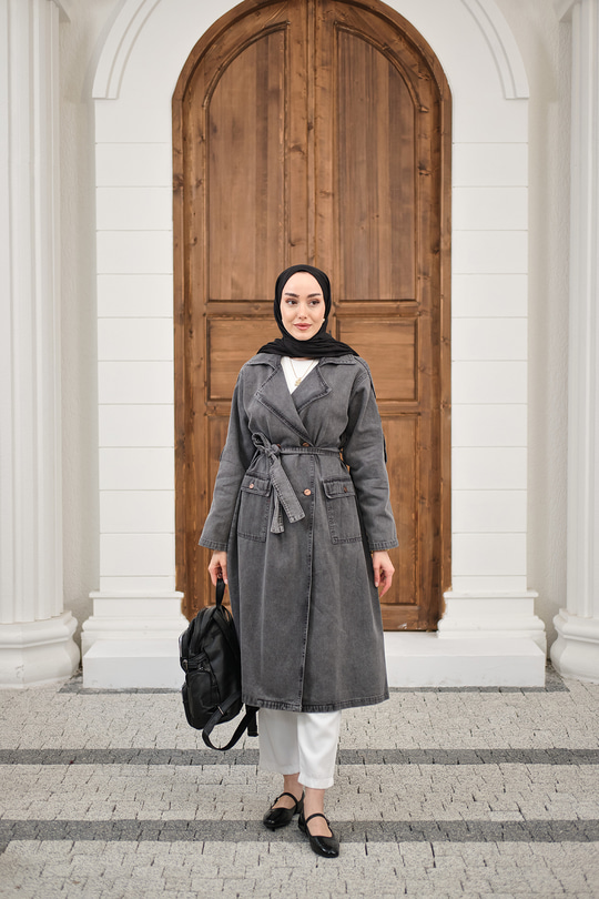 Çift Cepli Omuz Apolet Detay Bel Bağlamalı Kot Trenç Füme