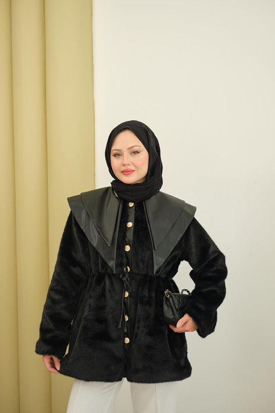 Çift Deri Yaka Peluş Ceket Siyah