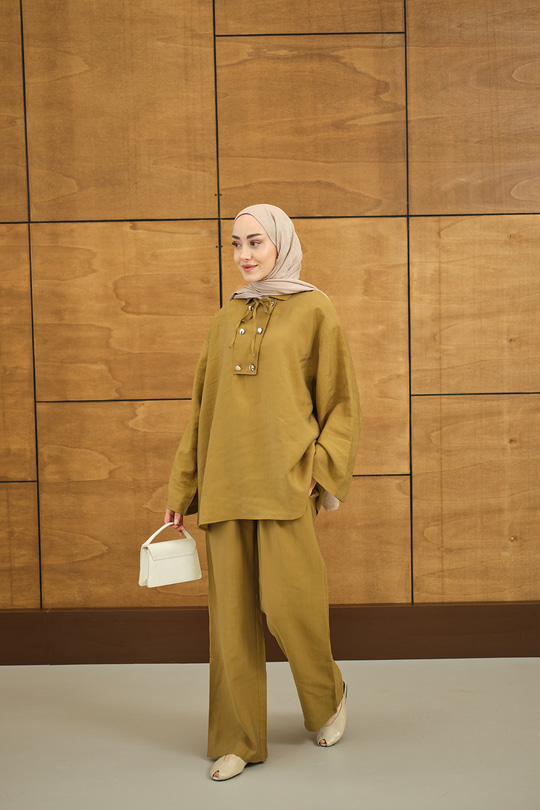 Çift Düğme Detaylı Takım Hardal