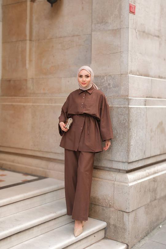 Çift Düğme Detaylı Takım Kahverengi