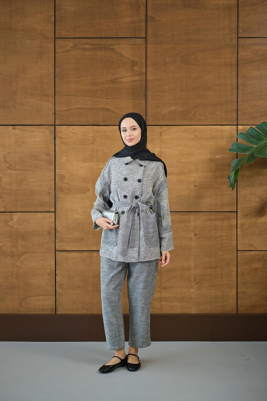 Çift Düğmeli Takım Gri