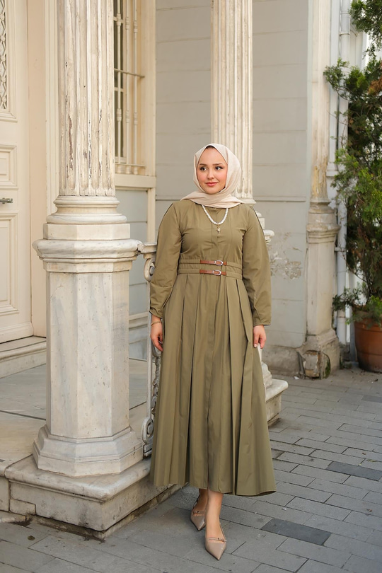 Çift Kemer Bağlamalı Elbise Haki Yeşil