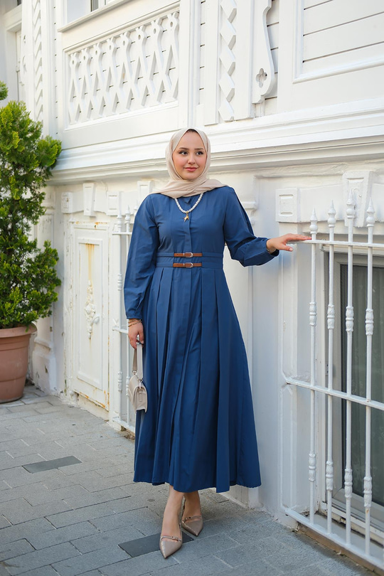 Çift Kemer Bağlamalı Elbise Lacivert